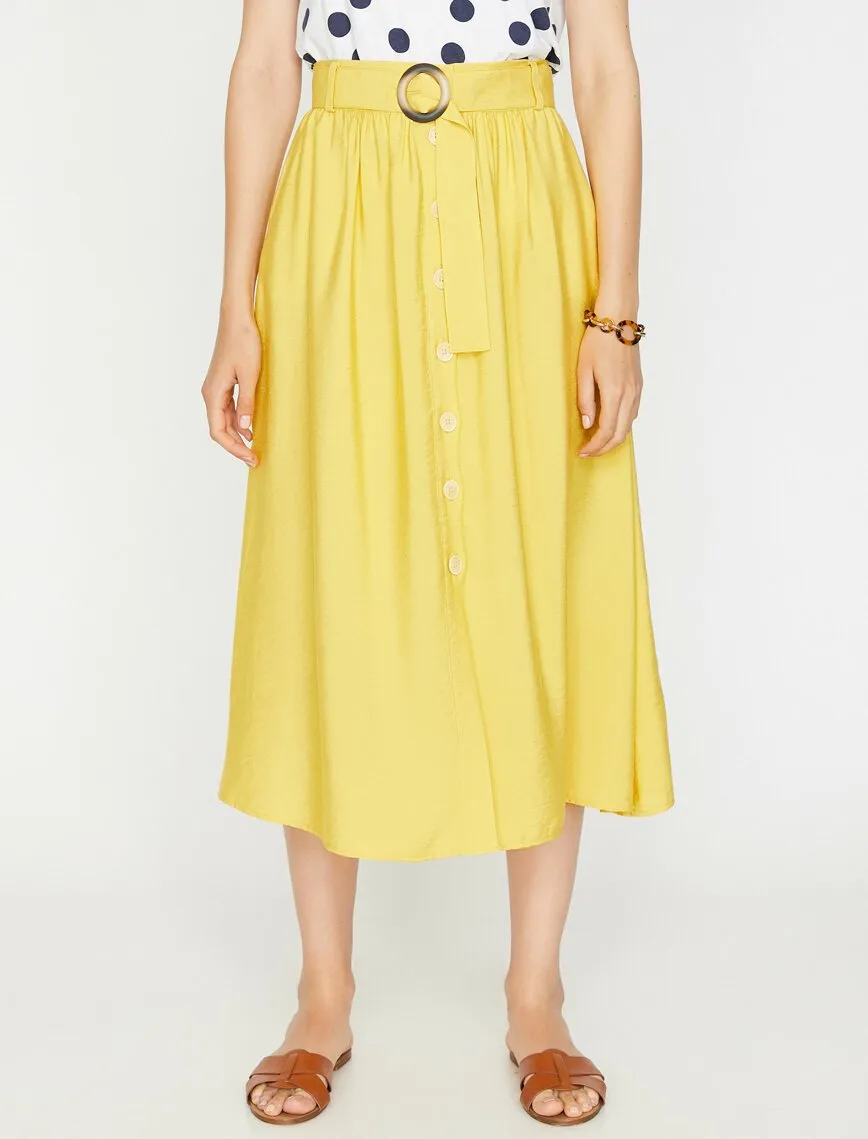 11854 Yellow Waist Detailed Midi Skirt