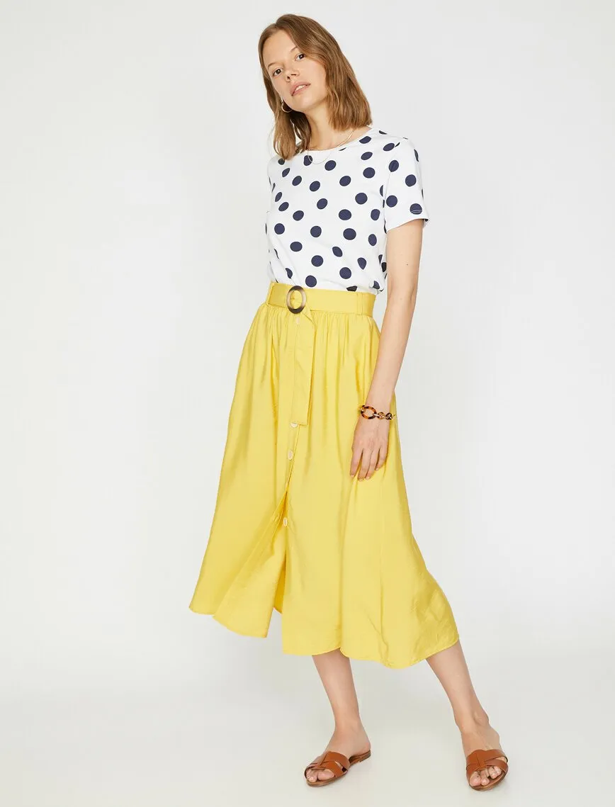 11854 Yellow Waist Detailed Midi Skirt
