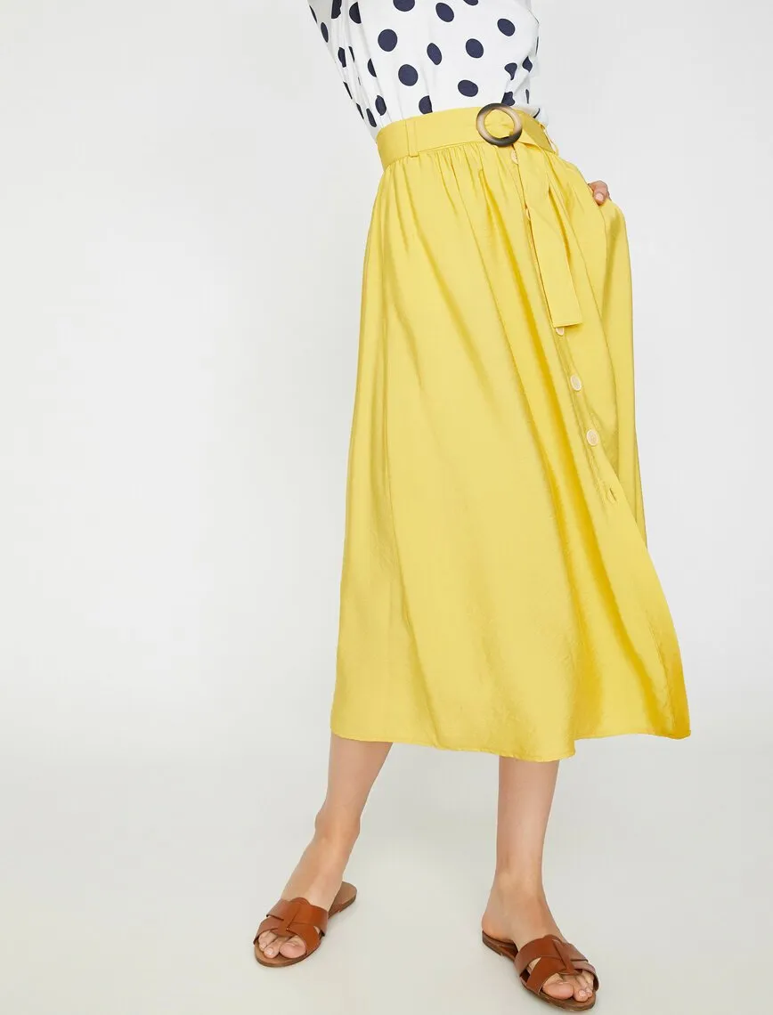 11854 Yellow Waist Detailed Midi Skirt