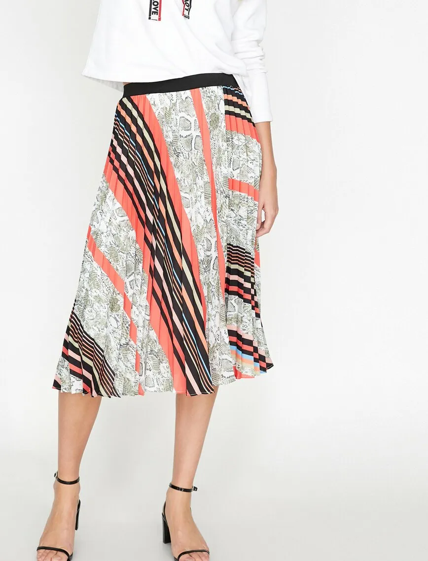 11988 Orange Patterned Midi Skirt