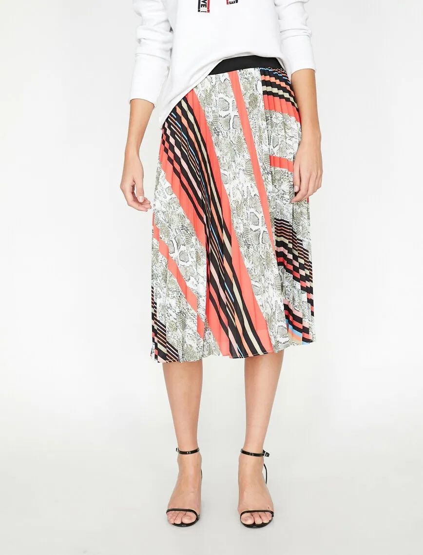 11988 Orange Patterned Midi Skirt