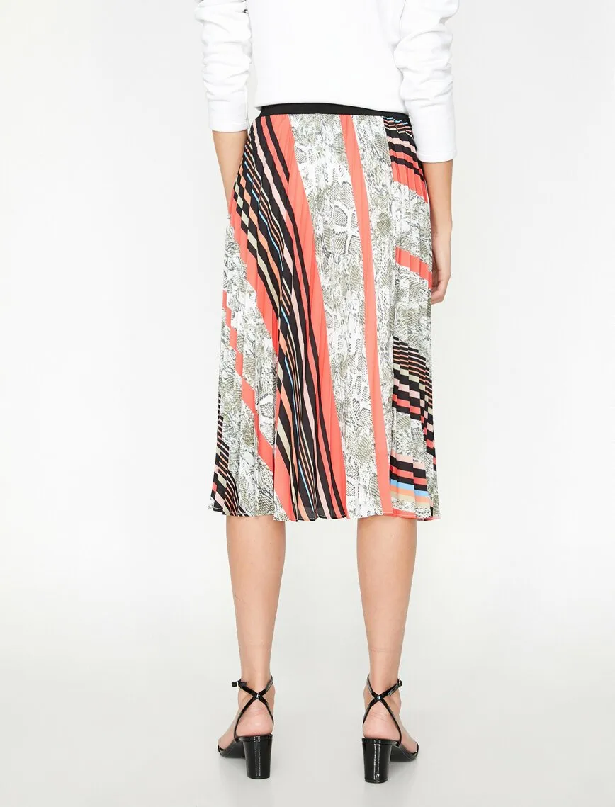 11988 Orange Patterned Midi Skirt