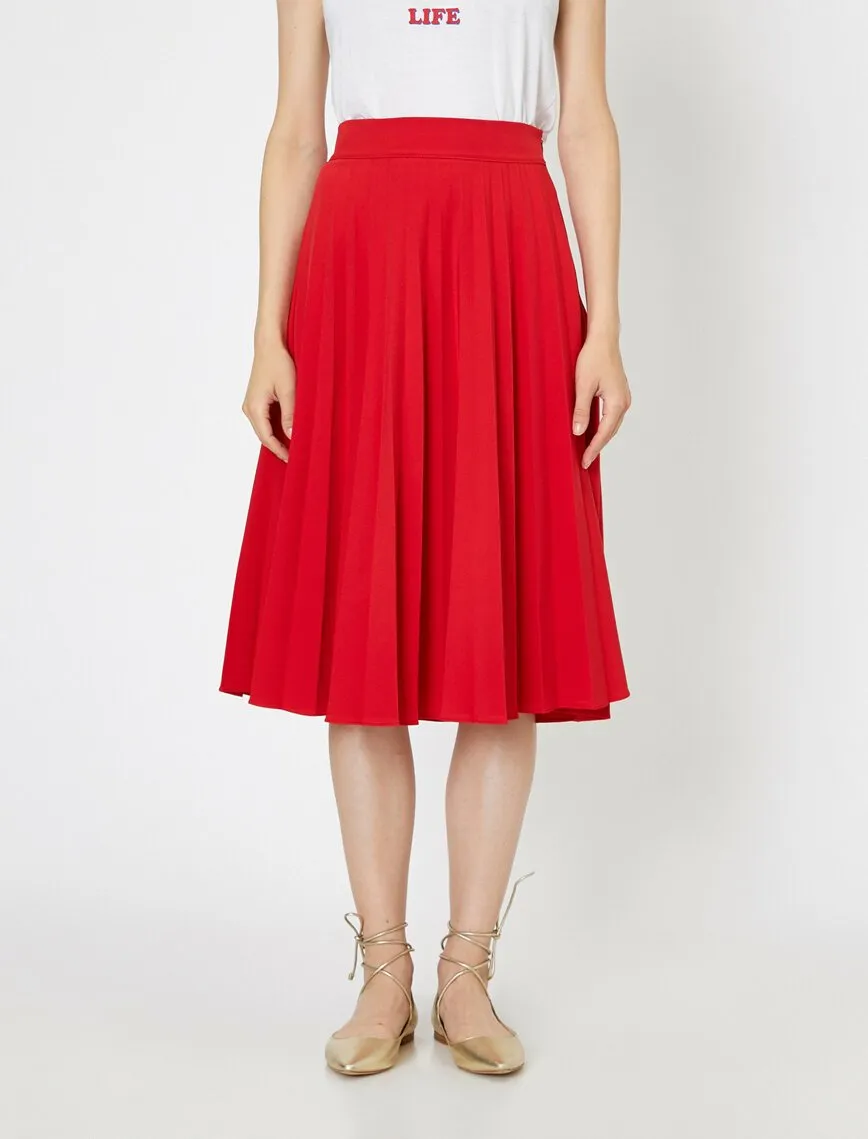 12079 Red Frill Detailed Midi Skirt
