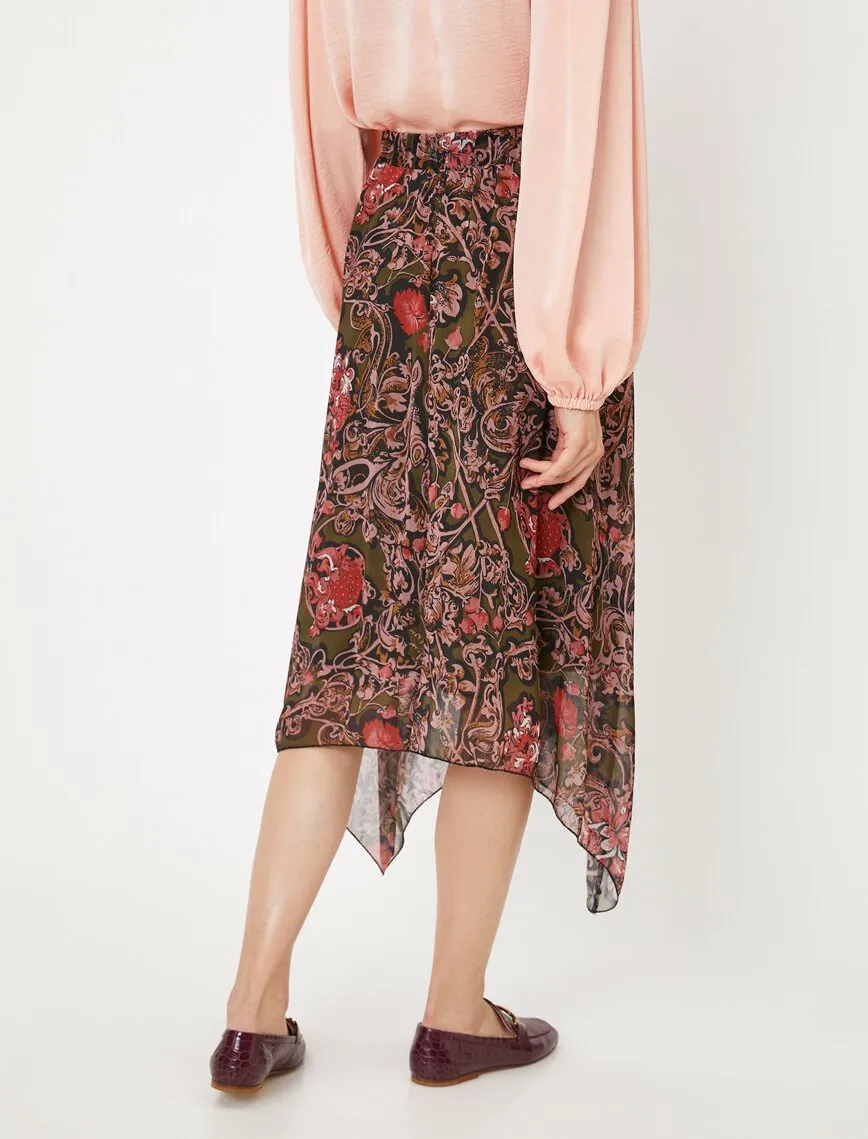 12176 Khaki Floral Midi Skirt
