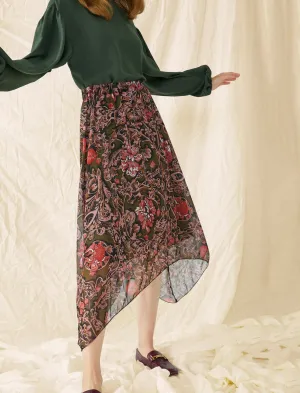 12176 Khaki Floral Midi Skirt