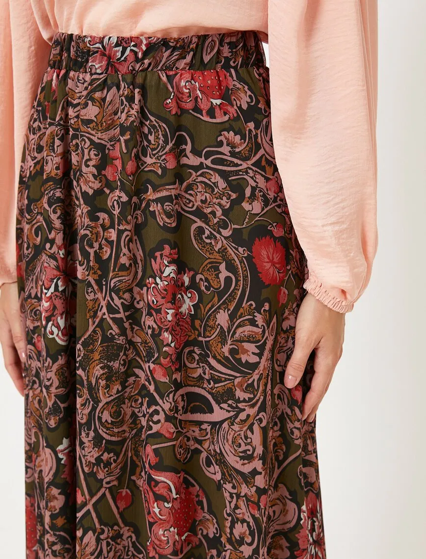 12176 Khaki Floral Midi Skirt