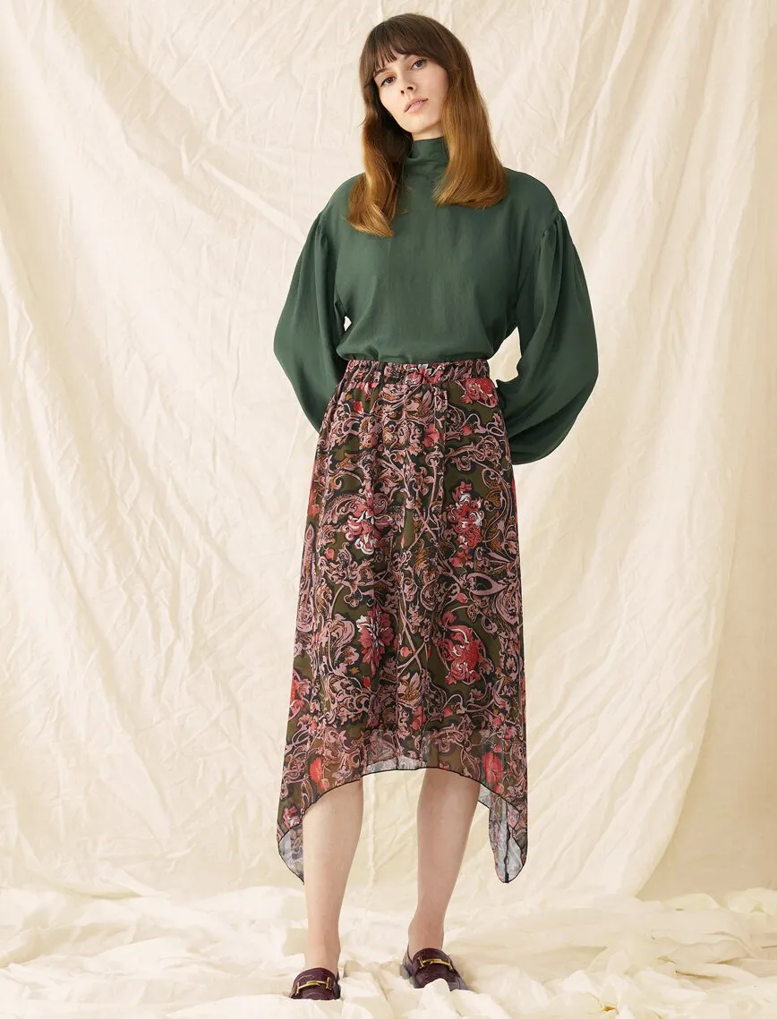 12176 Khaki Floral Midi Skirt