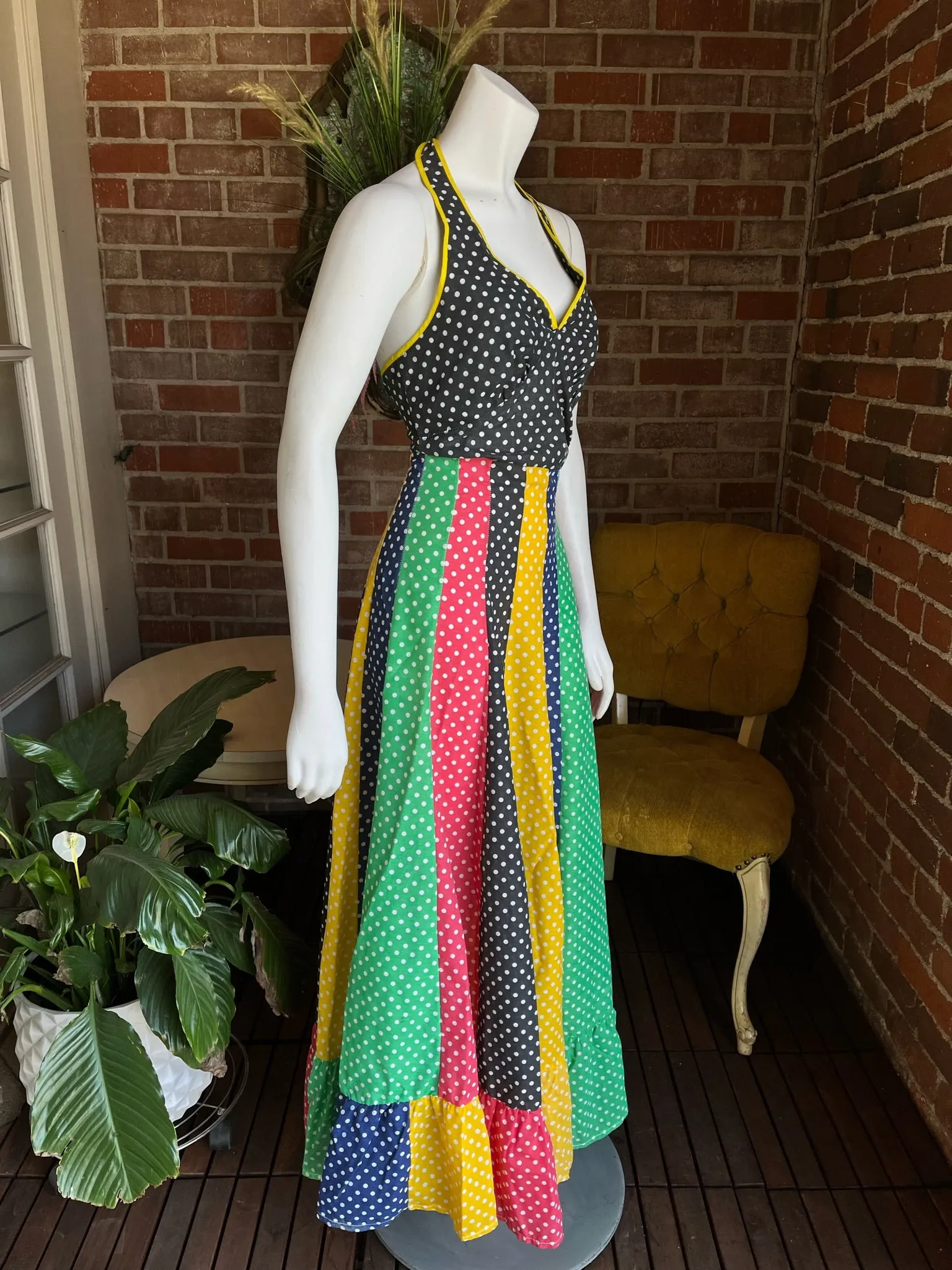 1970s Rainbow Polka Dot Maxi Halter Dress
