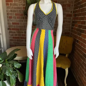 1970s Rainbow Polka Dot Maxi Halter Dress