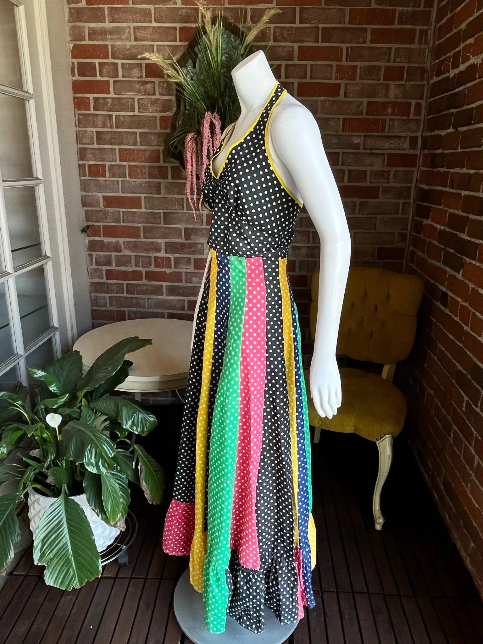 1970s Rainbow Polka Dot Maxi Halter Dress