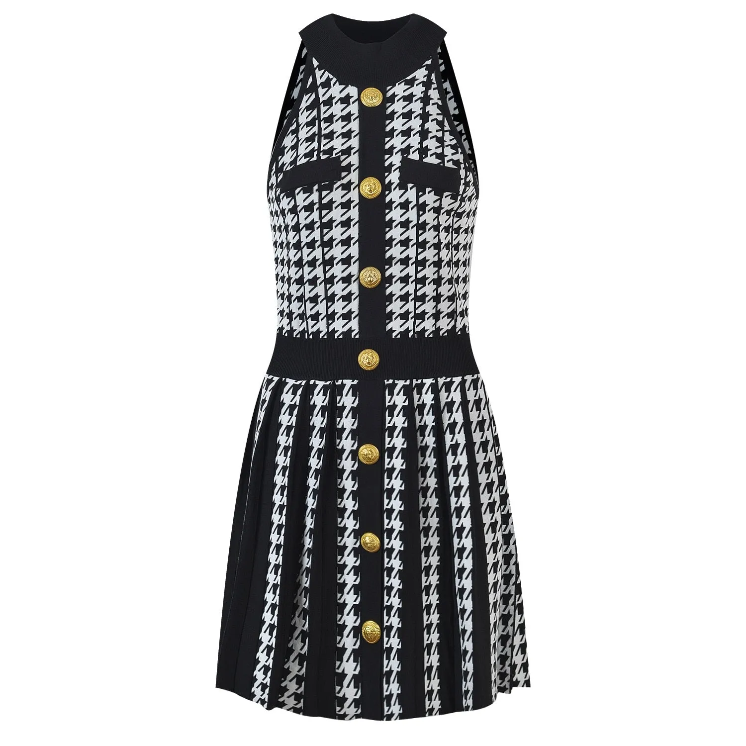 2022 Popular Summer Sleevless Classic Houndstooth Pattern Quality Vintage Pleated Knit Halter Tank Dress