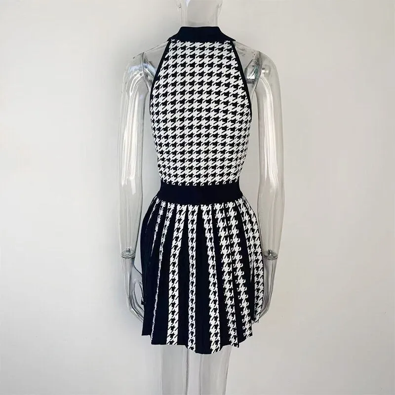 2022 Popular Summer Sleevless Classic Houndstooth Pattern Quality Vintage Pleated Knit Halter Tank Dress