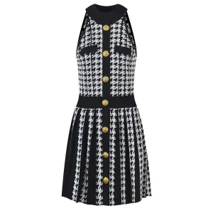 2022 Popular Summer Sleevless Classic Houndstooth Pattern Quality Vintage Pleated Knit Halter Tank Dress