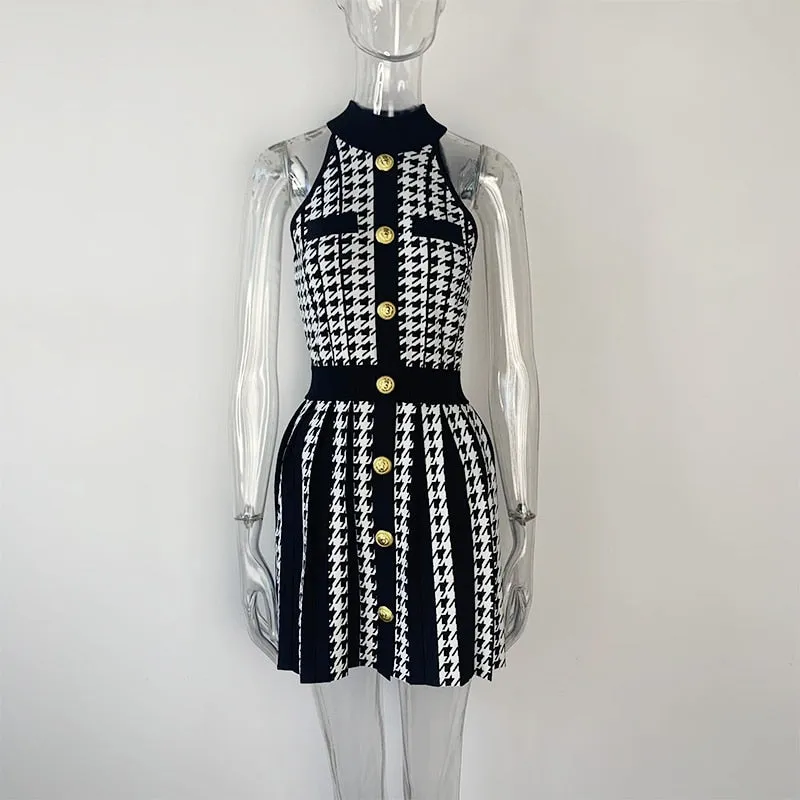 2022 Popular Summer Sleevless Classic Houndstooth Pattern Quality Vintage Pleated Knit Halter Tank Dress