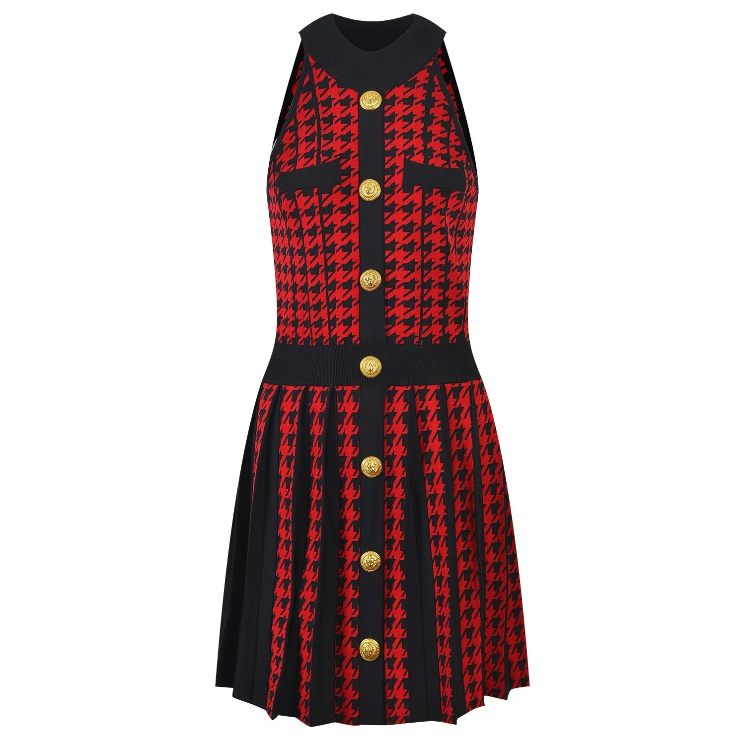 2022 Popular Summer Sleevless Classic Houndstooth Pattern Quality Vintage Pleated Knit Halter Tank Dress