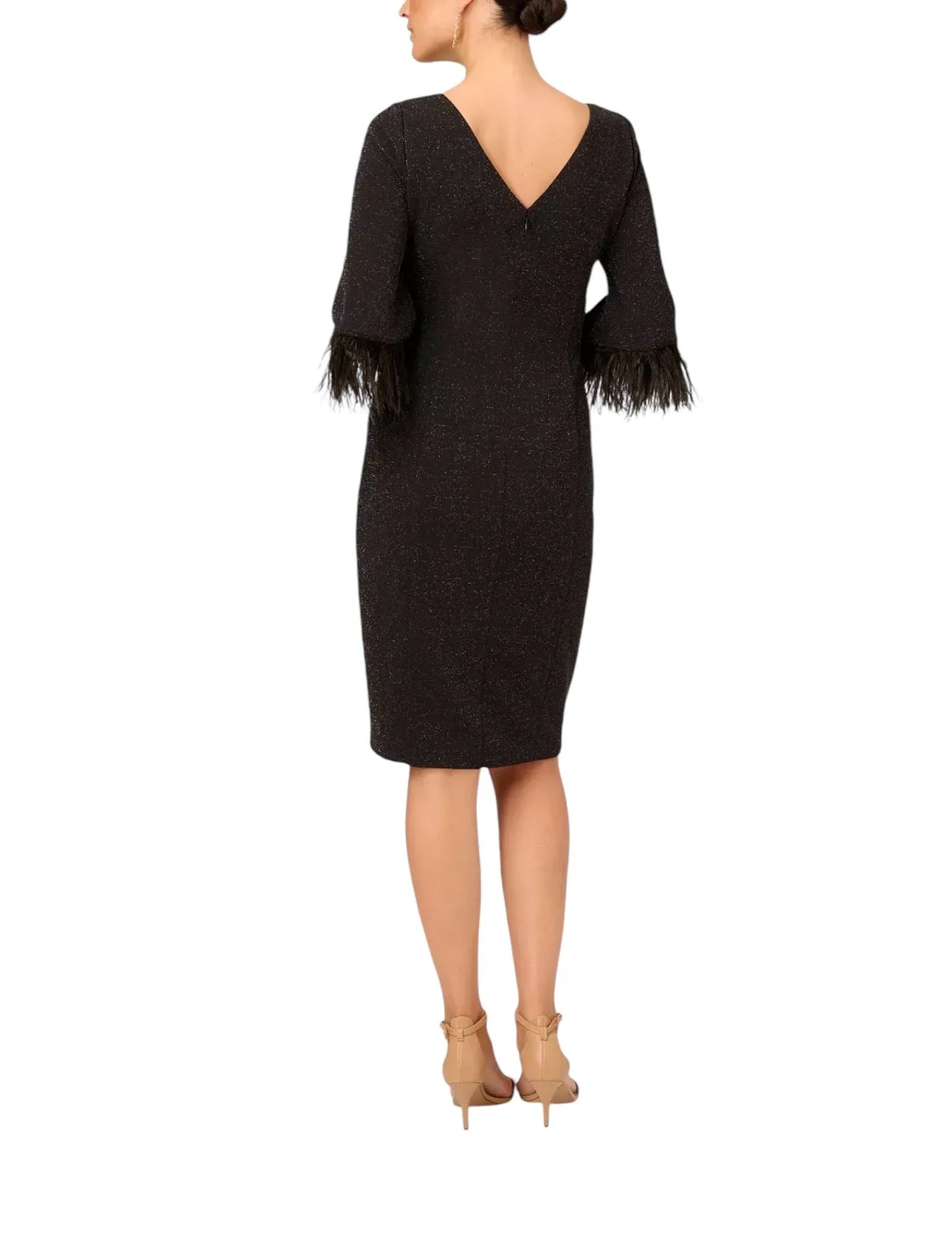 ADRIANNA PAPELL Women's Faux-Feather-Trim Glitter-Knit Dress Black Size 6