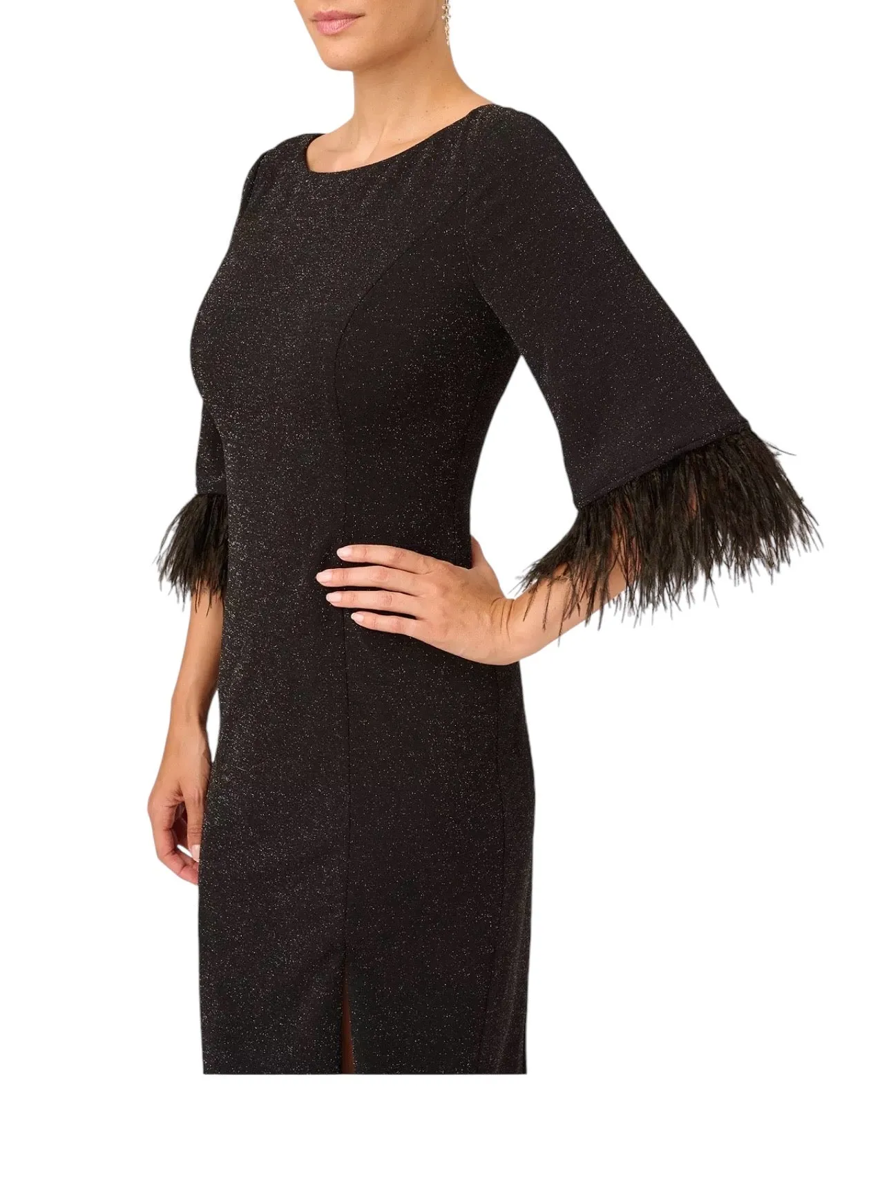 ADRIANNA PAPELL Women's Faux-Feather-Trim Glitter-Knit Dress Black Size 6