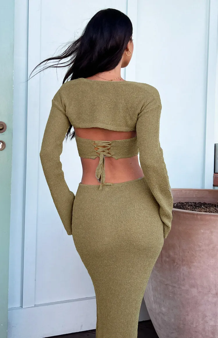 Alba Khaki Long Sleeve Knit Midi Dress