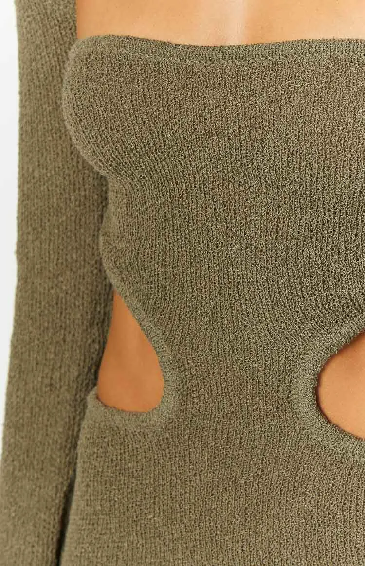 Alba Khaki Long Sleeve Knit Midi Dress