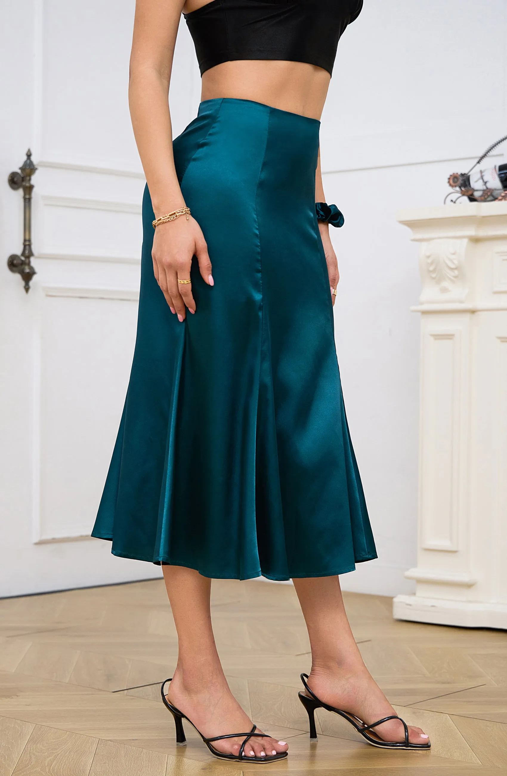 Alcea Rosea Womens Satin Midi Skirt A Line High Waist Silk Flared Solid Slip Skirts Casual Elegant Blackish Green