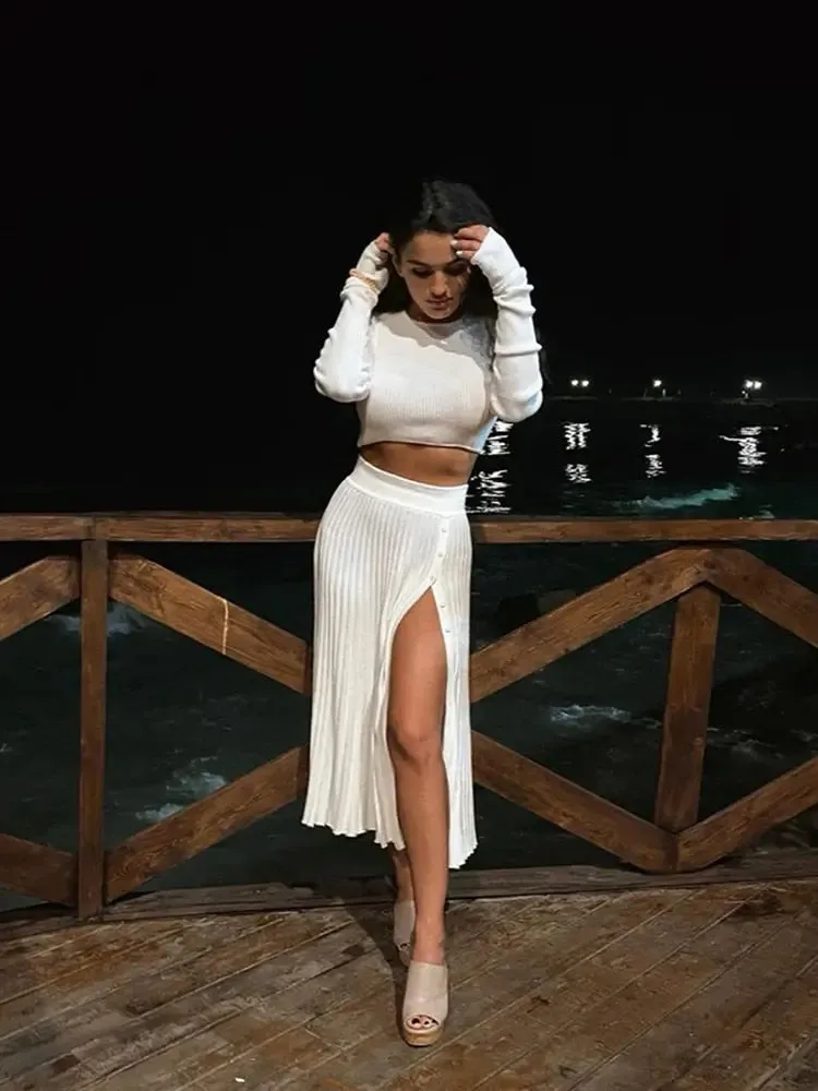 Annabel Sexy Sweater Crop Top Midi Skirt 2 Pc Set
