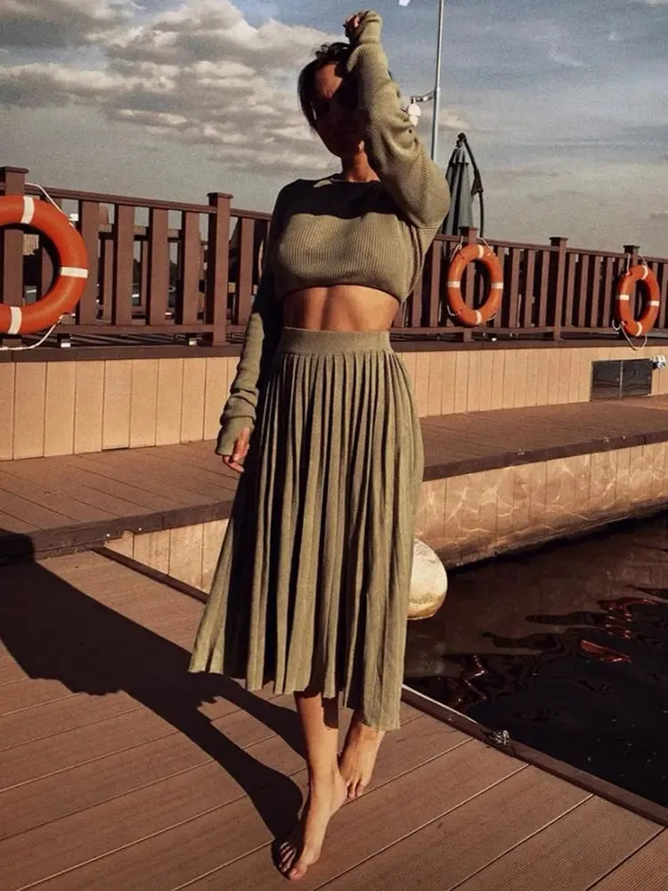 Annabel Sexy Sweater Crop Top Midi Skirt 2 Pc Set