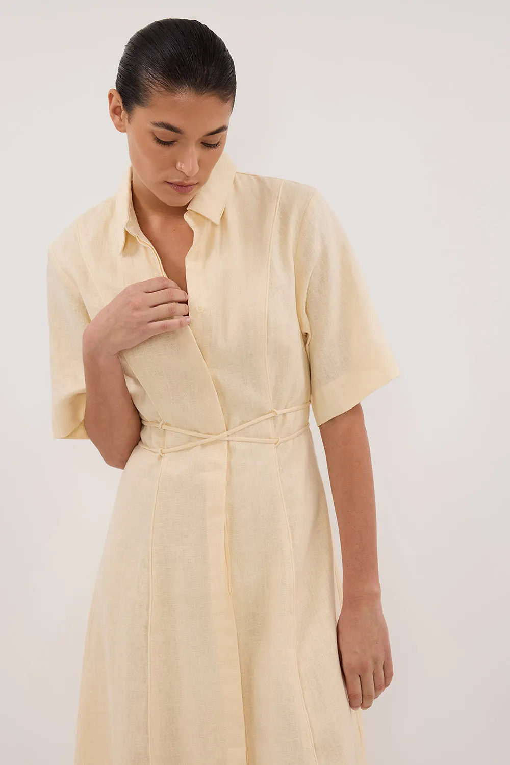 ASTRID LEMON LINEN MIDI DRESS