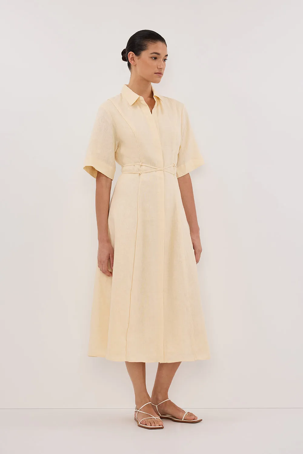ASTRID LEMON LINEN MIDI DRESS
