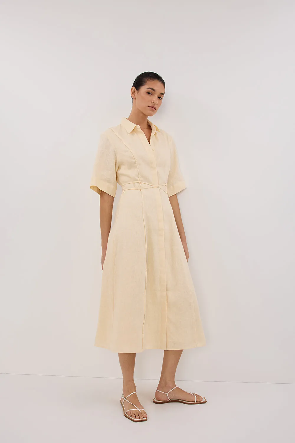 ASTRID LEMON LINEN MIDI DRESS