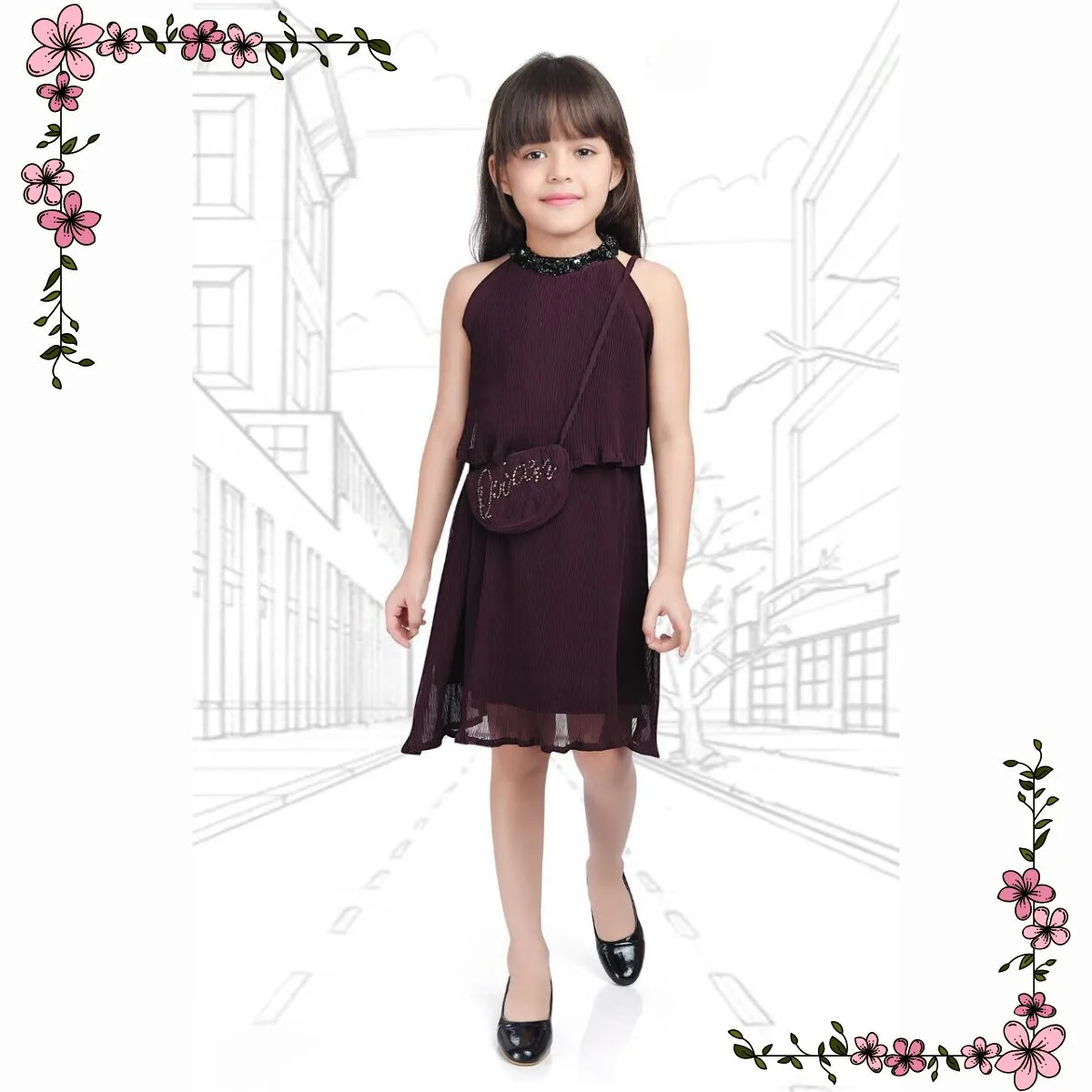 Black & Wine Midi for Girls with Sling Bag