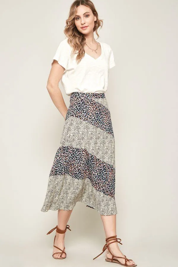 Black Floral-print Woven Midi Skirt