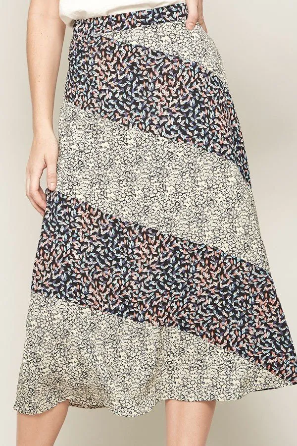 Black Floral-print Woven Midi Skirt