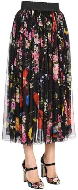 Black Flowers & Space Print Chiffon Midi Skirt.
