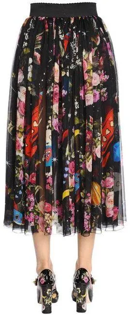 Black Flowers & Space Print Chiffon Midi Skirt.