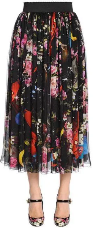 Black Flowers & Space Print Chiffon Midi Skirt.