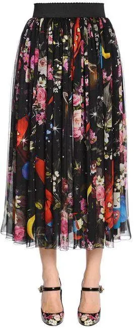 Black Flowers & Space Print Chiffon Midi Skirt.