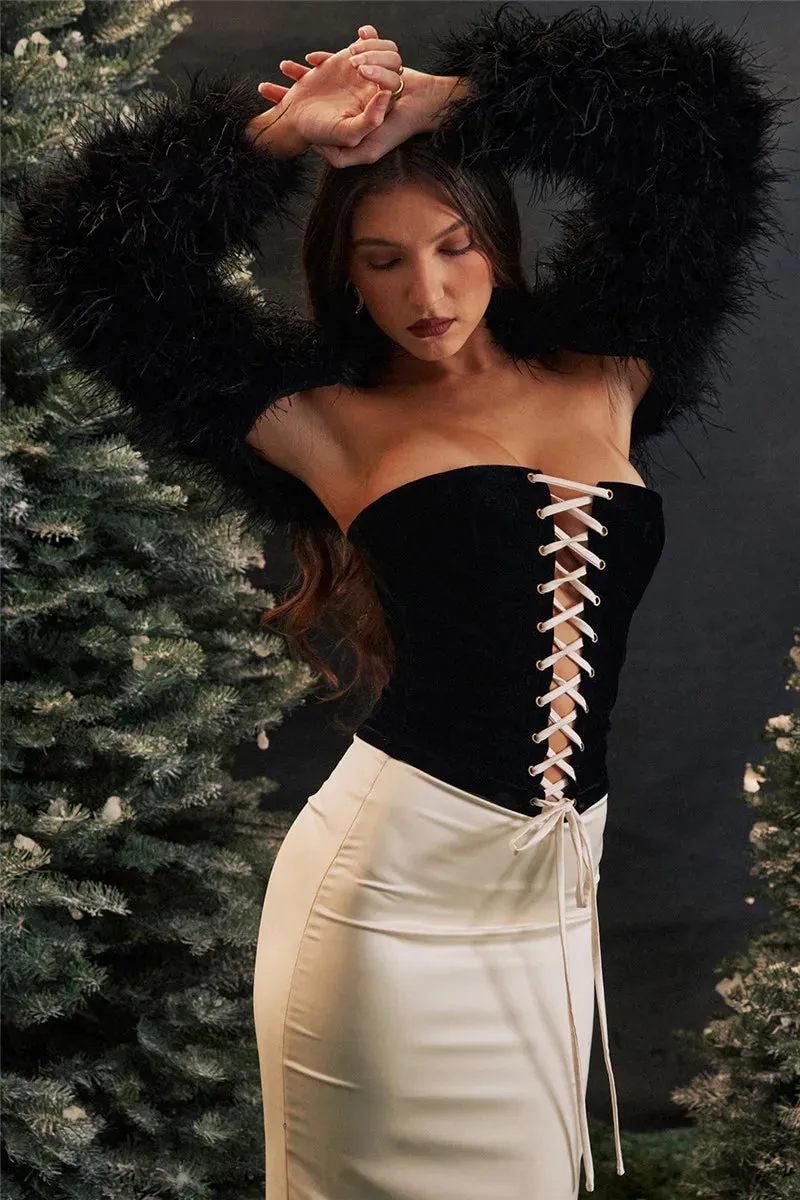 Black Lace Up Corset Top Trendy And White Satin Midi Skirt Set