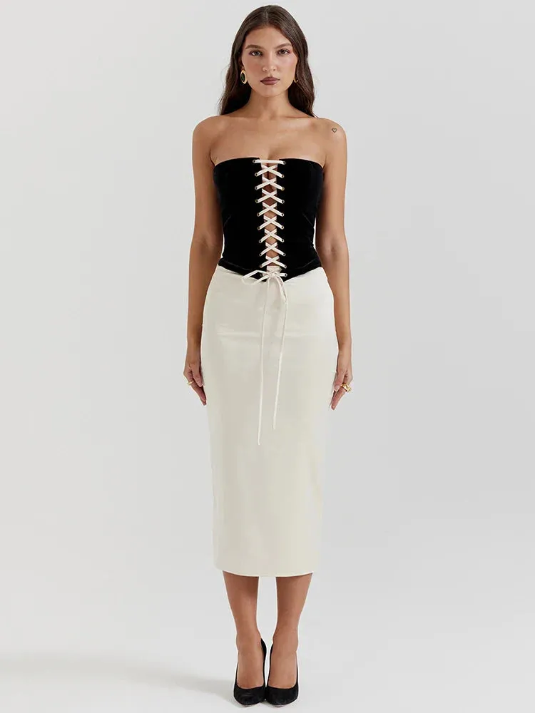 Black Lace Up Corset Top Trendy And White Satin Midi Skirt Set