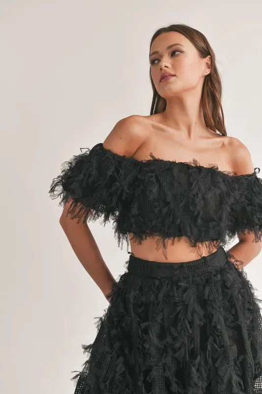Black Mesh Shaggy Off Shoulder Top And Midi Skirt Set