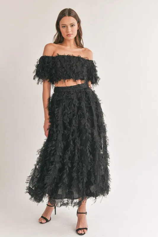Black Mesh Shaggy Off Shoulder Top And Midi Skirt Set