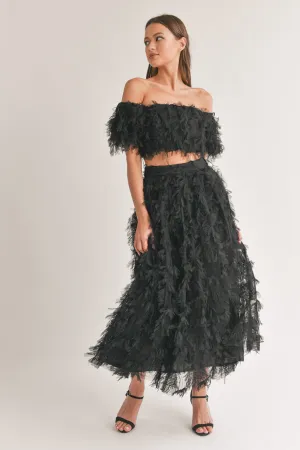 Black Mesh Shaggy Off Shoulder Top And Midi Skirt Set