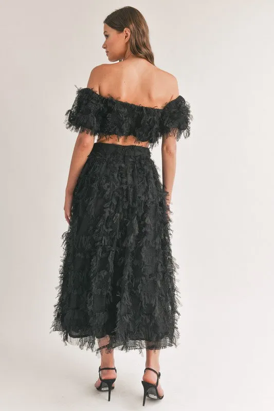 Black Mesh Shaggy Off Shoulder Top And Midi Skirt Set