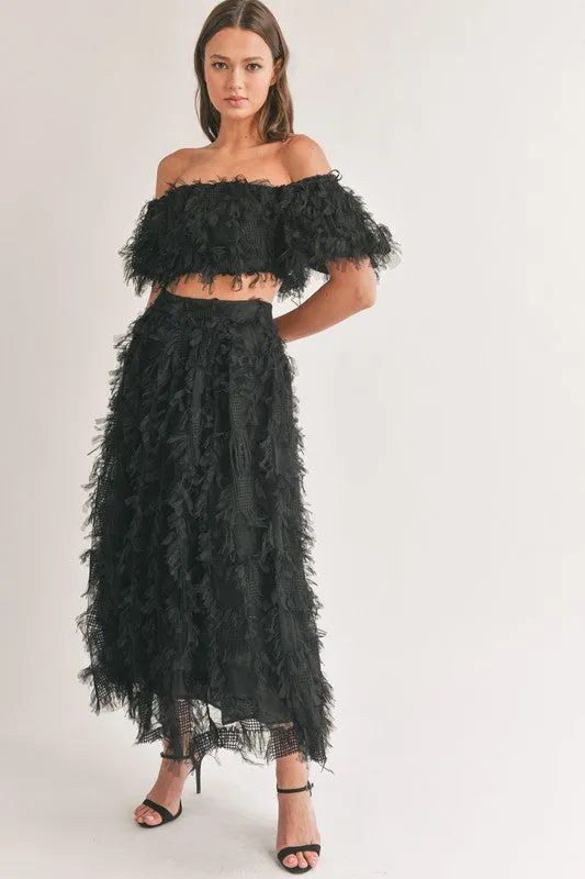 Black Mesh Shaggy Off Shoulder Top And Midi Skirt Set