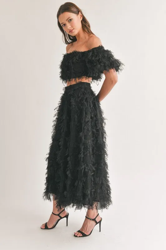 Black Mesh Shaggy Off Shoulder Top And Midi Skirt Set