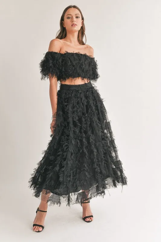 Black Mesh Shaggy Off Shoulder Top And Midi Skirt Set