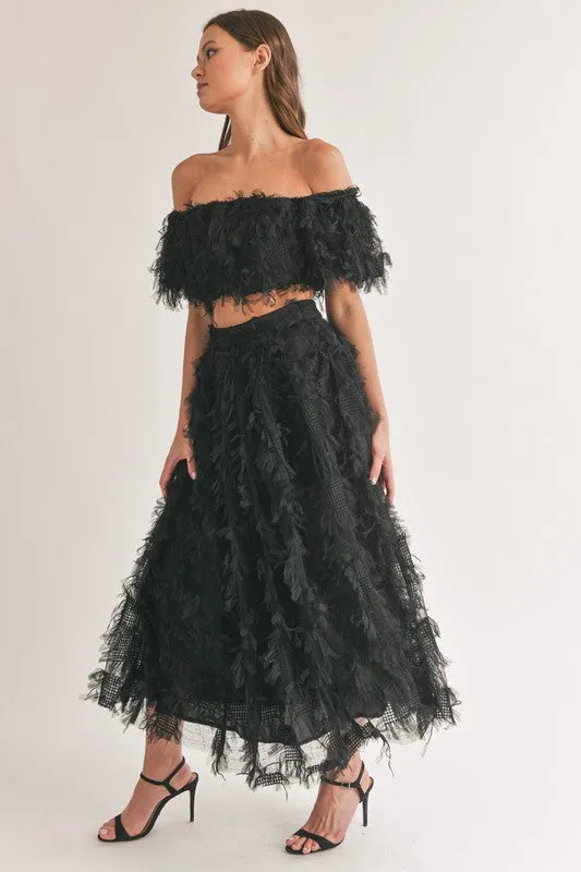 Black Mesh Shaggy Off Shoulder Top And Midi Skirt Set