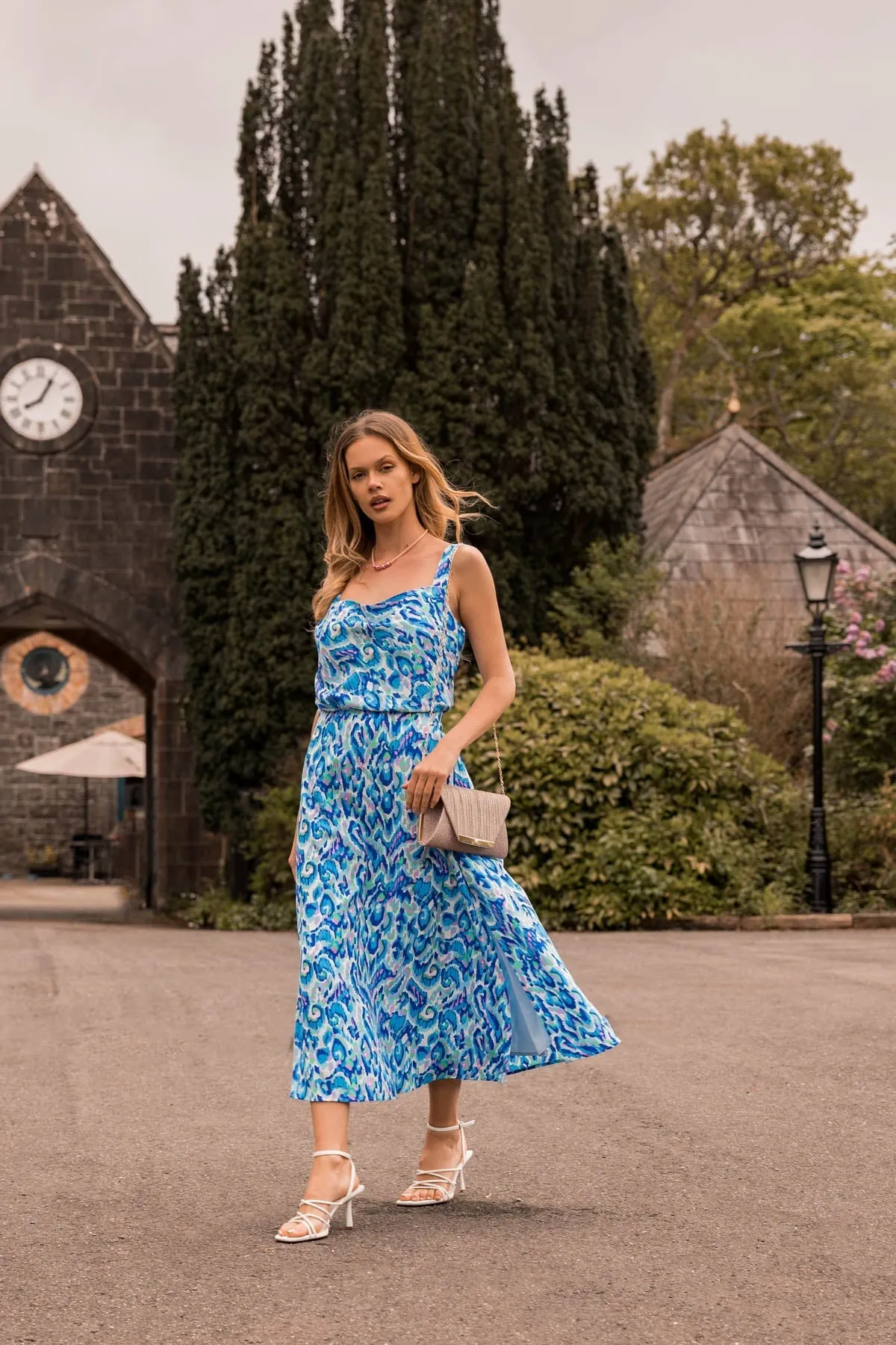 Blue Lurex Print Midi Skirt