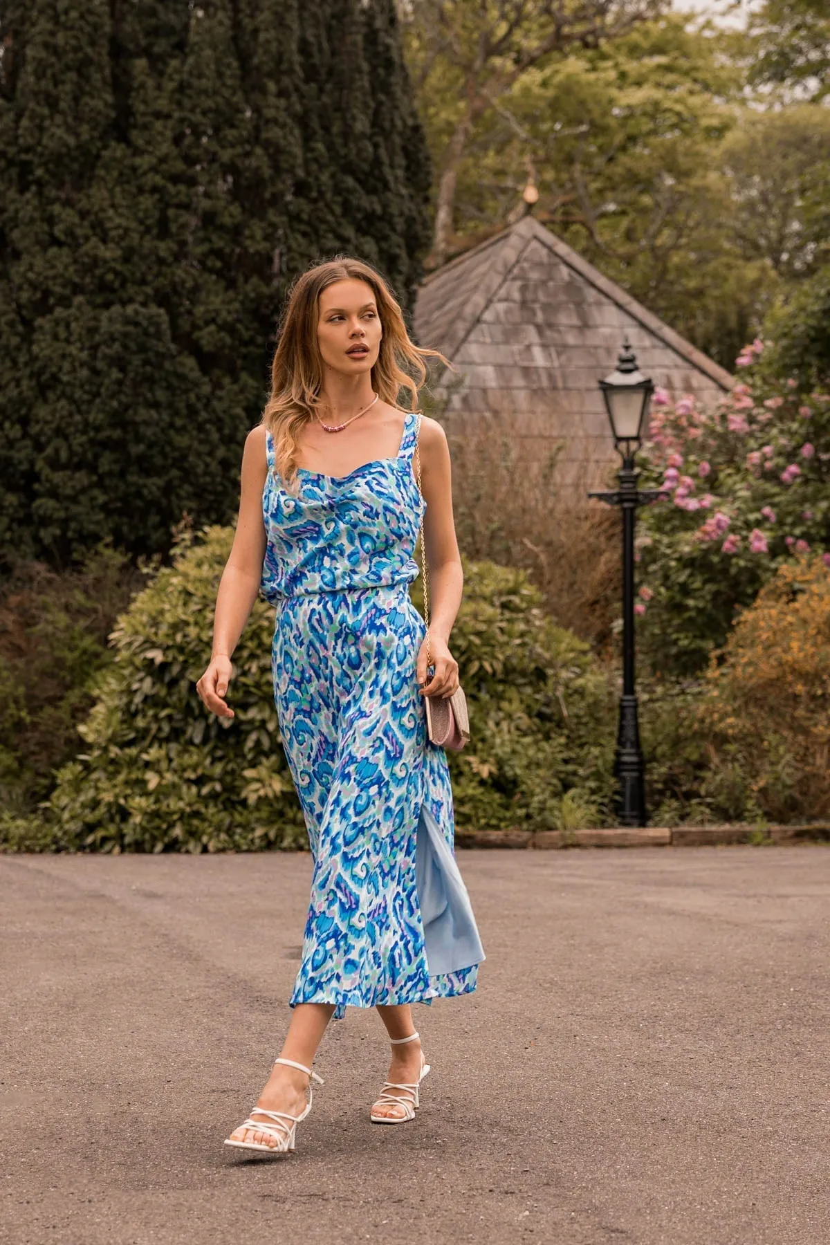 Blue Lurex Print Midi Skirt