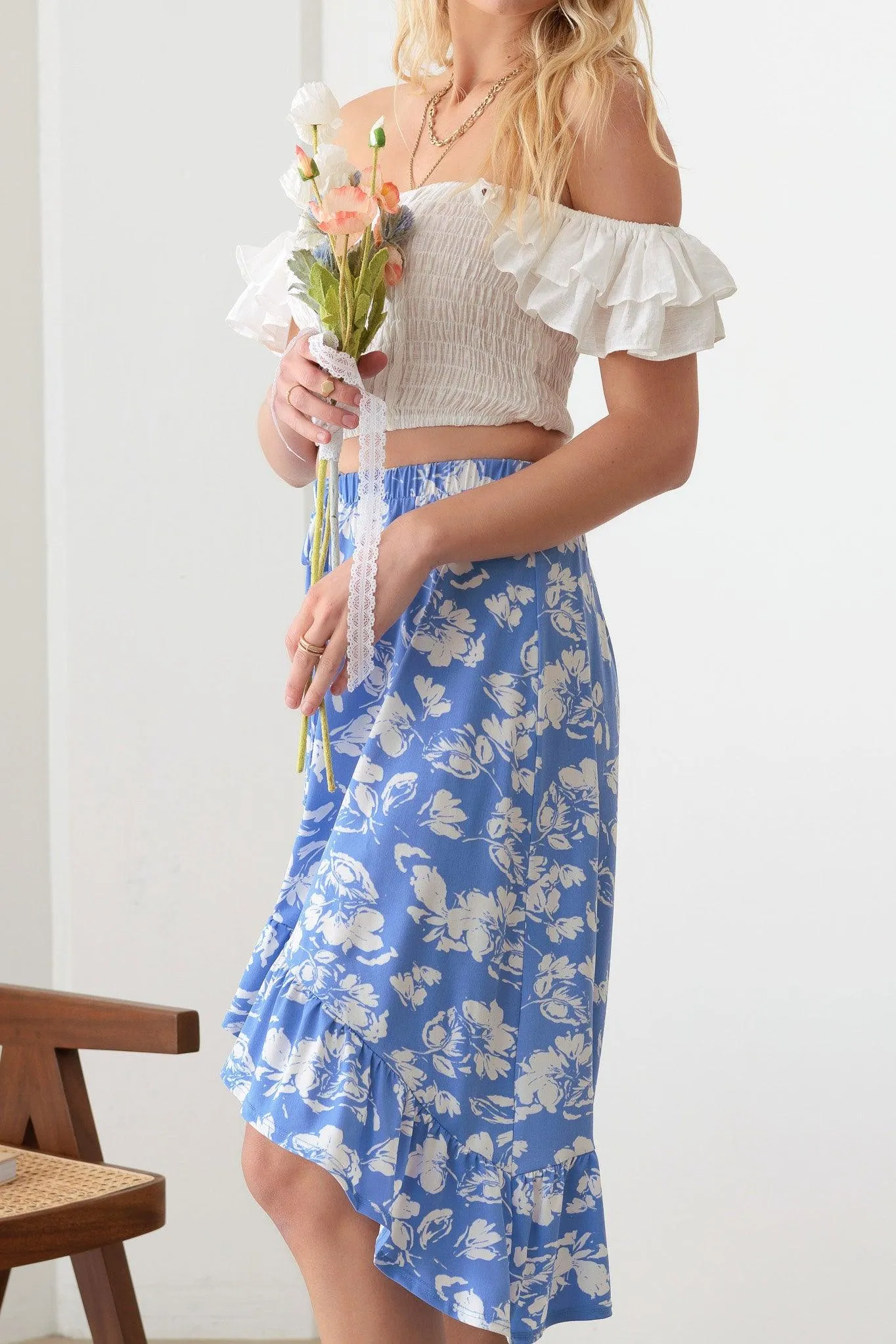 Boho Floral Front High Low Ruffle Hem Midi Skirt