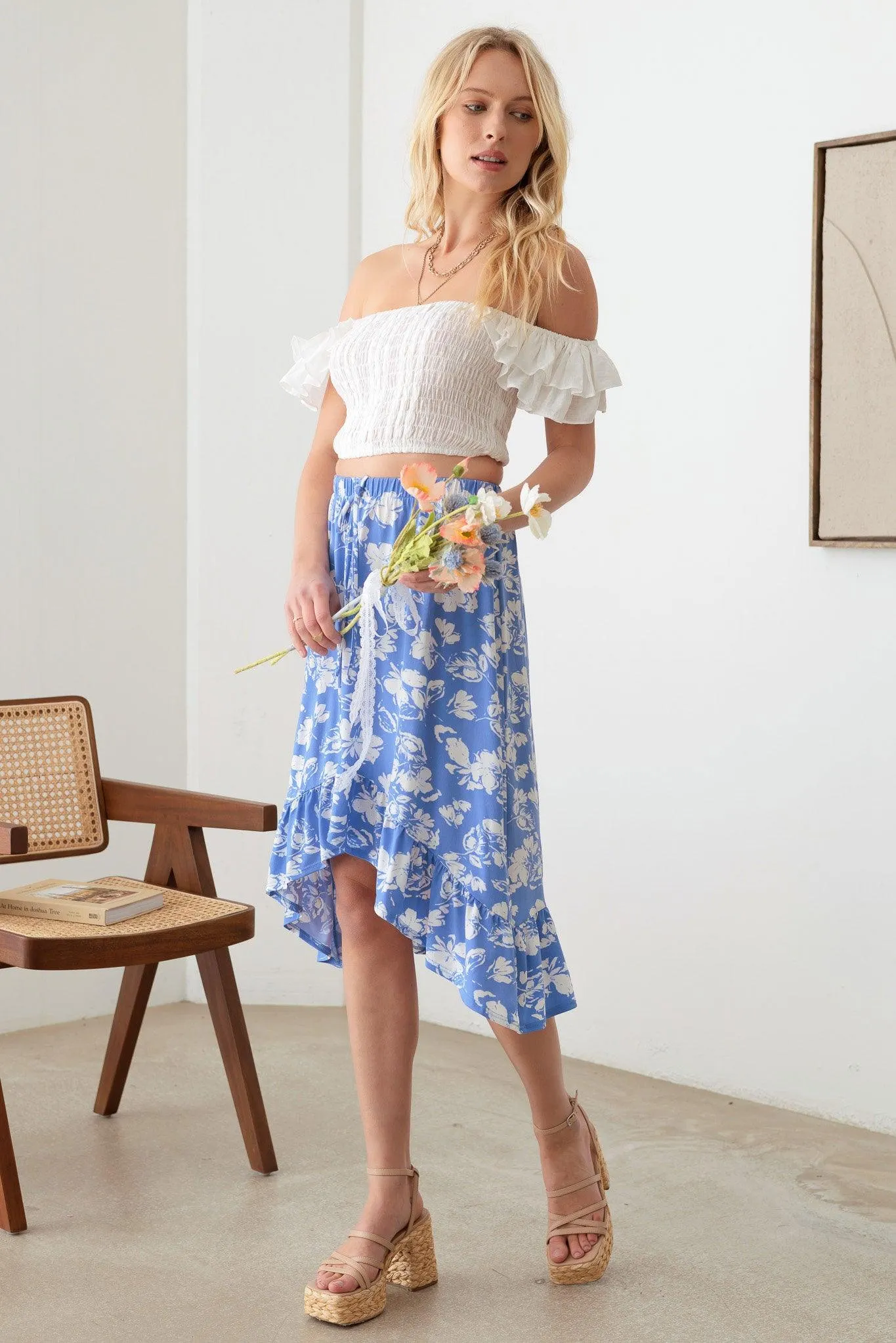 Boho Floral Front High Low Ruffle Hem Midi Skirt